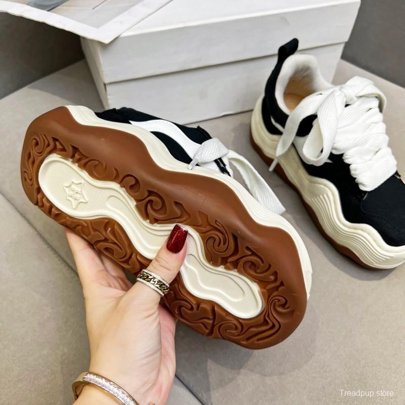 2025 Women HEYDAY Black White Canvas Leather Sneakers Wave Sole KFY00260