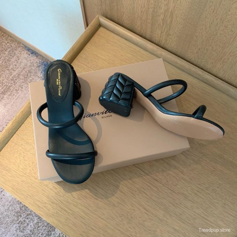 2025 Women Gianvito Rossi Black Leather Heeled Sandals