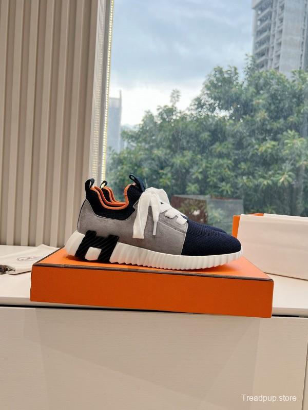 2024 Unisex Hermès blue grey orange knit leather sneakers