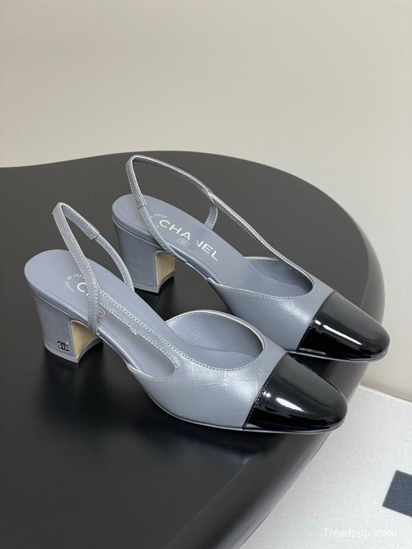 2025 Women Chanel Grey Black Leather Sling-back Heel