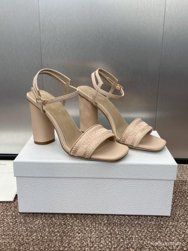 2025 Women Dior Beige Fabric Leather High Heel Sandals