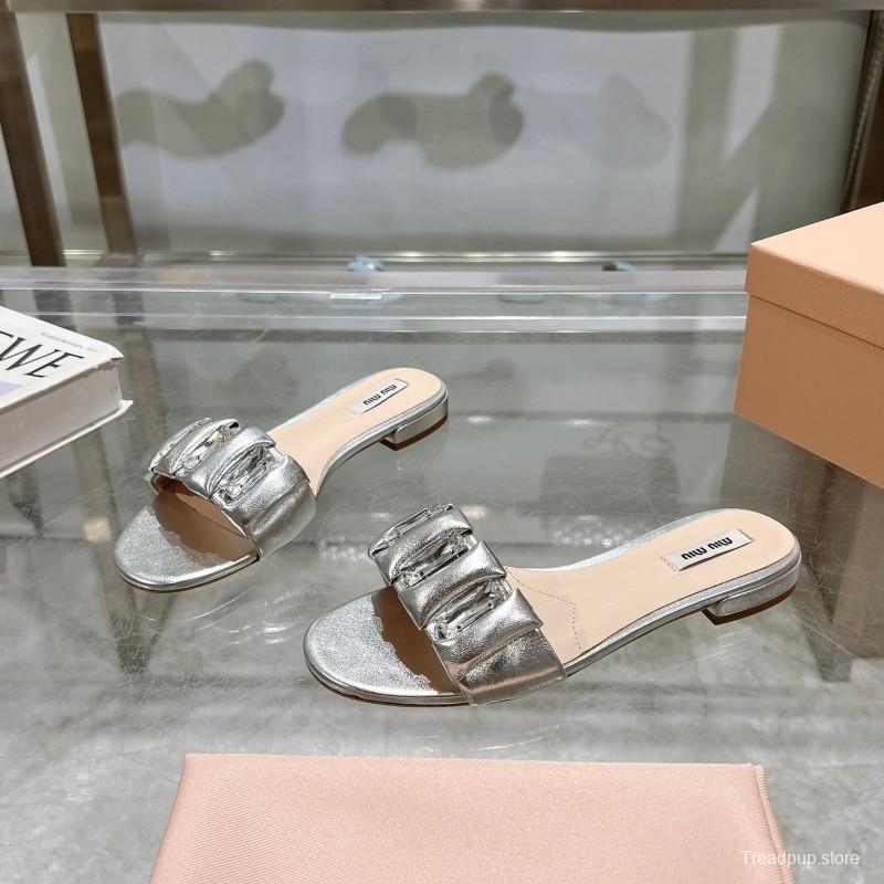 2025 Women Miumiu Silver Metallic Leather Slippers