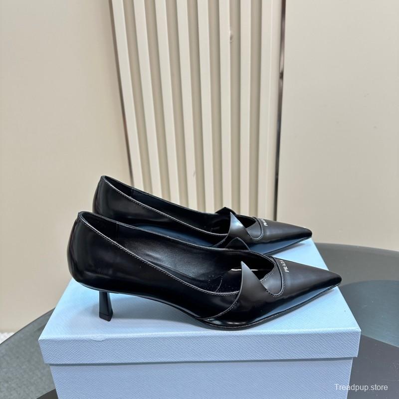 2025 Women Prada Black Leather Heels KFY00310