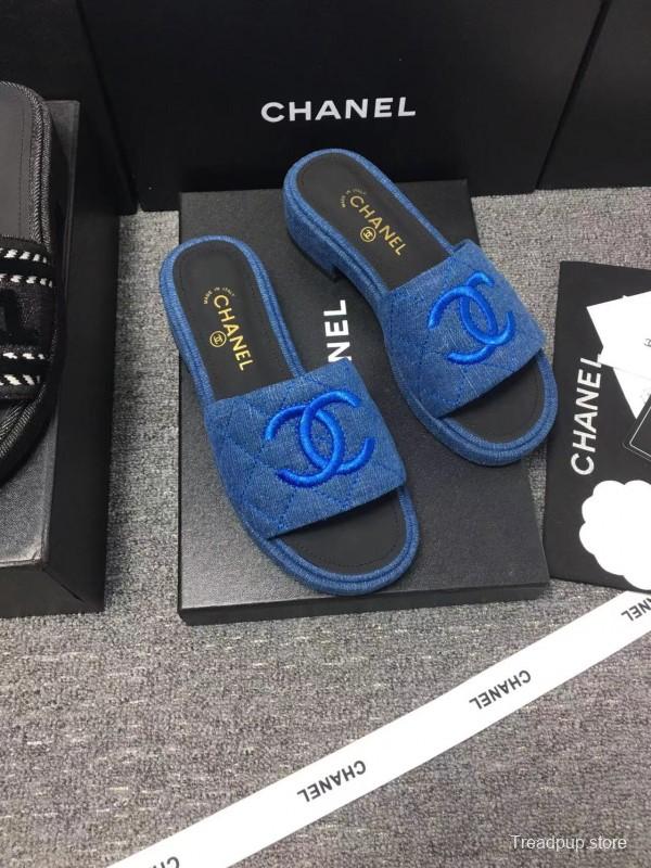 2025 Women Chanel Blue Fabric Slippers LY00000