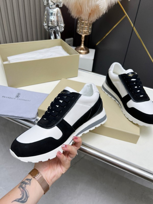 2024 Unisex Brunello Cucinelli Black White Suede Calfskin Leather Sneakers MJ00360