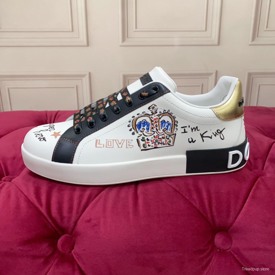 2025 Unisex Dolce & Gabbana White Black Gold Leather Sneakers Embroidered LY00340(F)/LY00360(M)