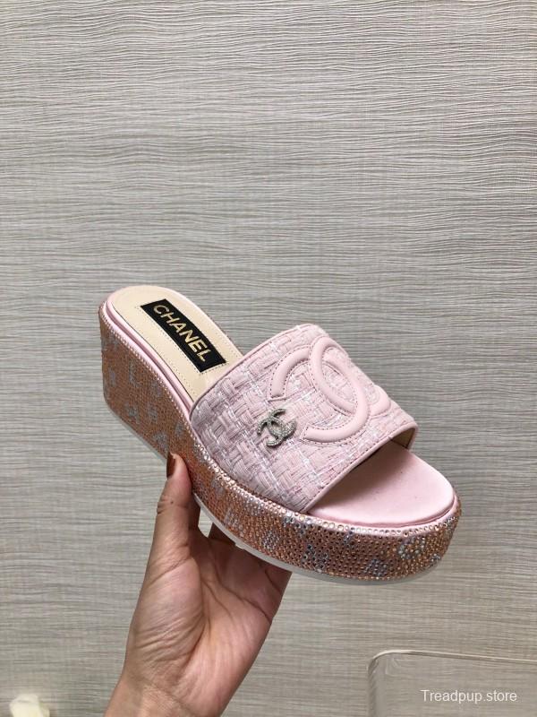 2025 Women Chanel Pink Tweed Platform Slippers LY00320