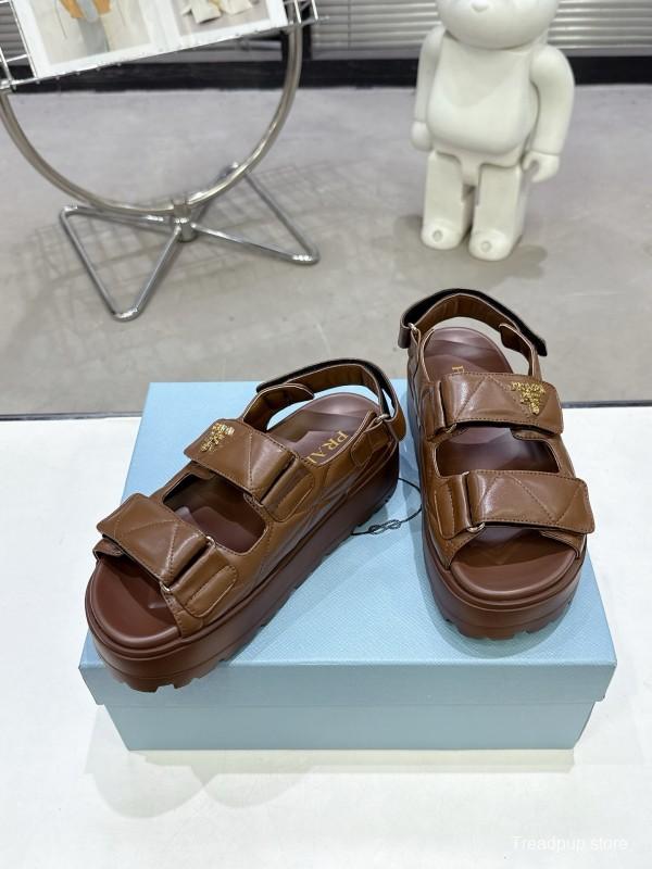 2025 Women Prada Brown Leather Sandals