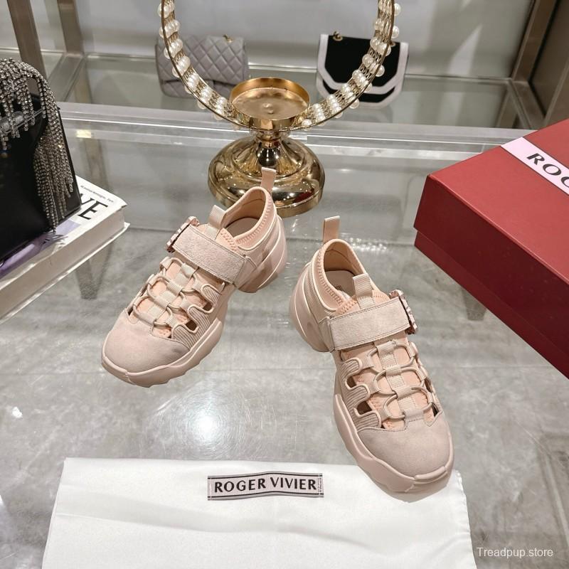 2025 Women Roger Vivier Pink Knit Suede Sneakers Crystal Buckle LY00300