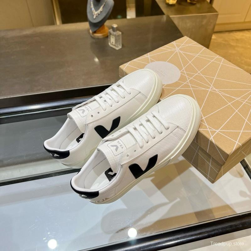 2025 Unisex VEJA White Black Leather Canvas Sneakers V Logo MJ00240(W/M)