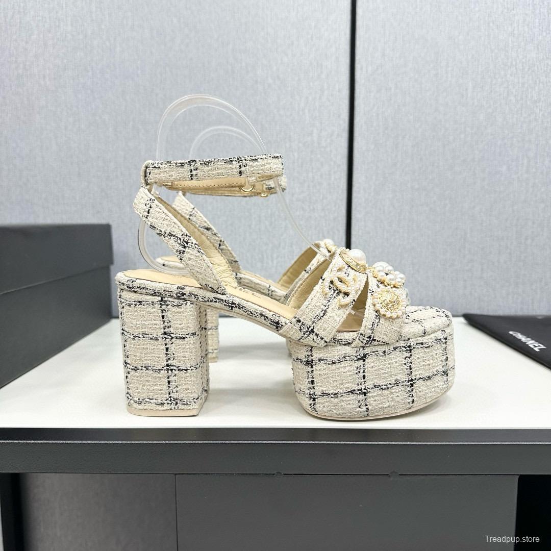 2025 Women Chanel Beige Black Tweed Leather Platform Sandals MJ00310