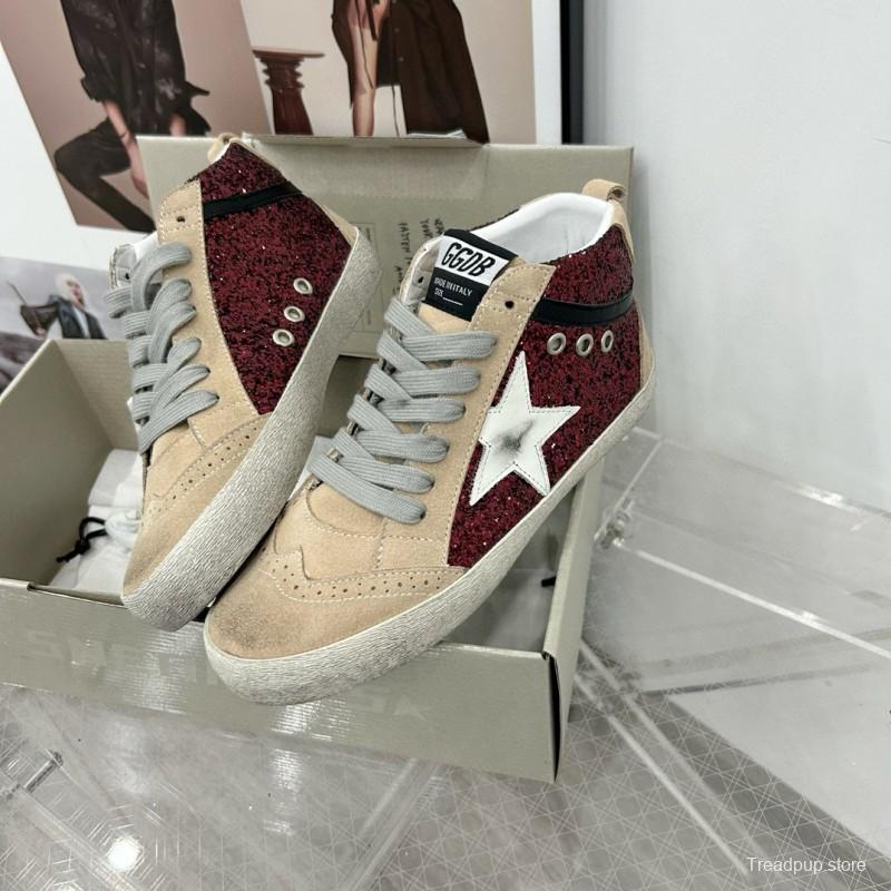 2024 Unisex GGDB Burgundy Beige Glitter Leather High Top Sneakers MJ00300