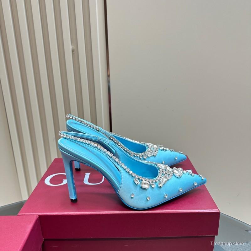 2025 Women Gucci Blue Silk Crystal Embellished Slingback High Heel KFY00340