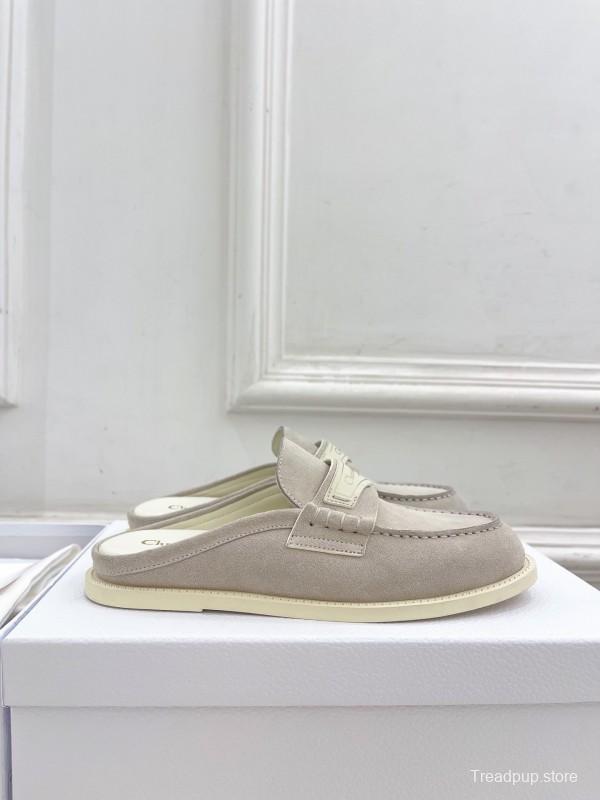 2025 Women Dior Beige Suede Mule Loafers Vintage Style Handmade LY00360(F)