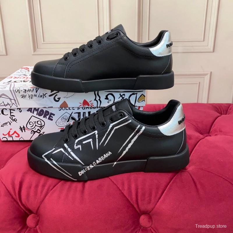 2025 Men Dolce & Gabbana Black Silver Leather Sneakers