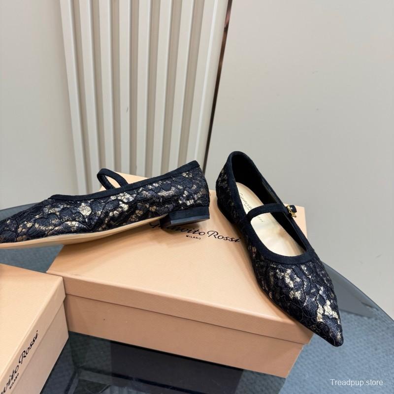 2025 Women Gianvito Rossi Black Lace Leather Mary Jane KFY00260