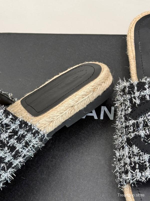 2025 Slippers Chanel Black White Tweed Espadrille Handcrafted KFY00230