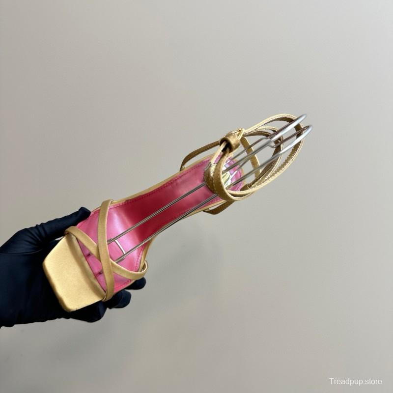 2025 Women Yves Saint Laurent Yellow Silk Strappy Heels