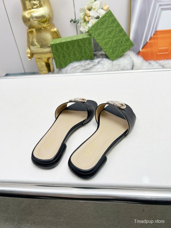 2025 Gucci Black Leather Slippers Double G Buckle MJ00190