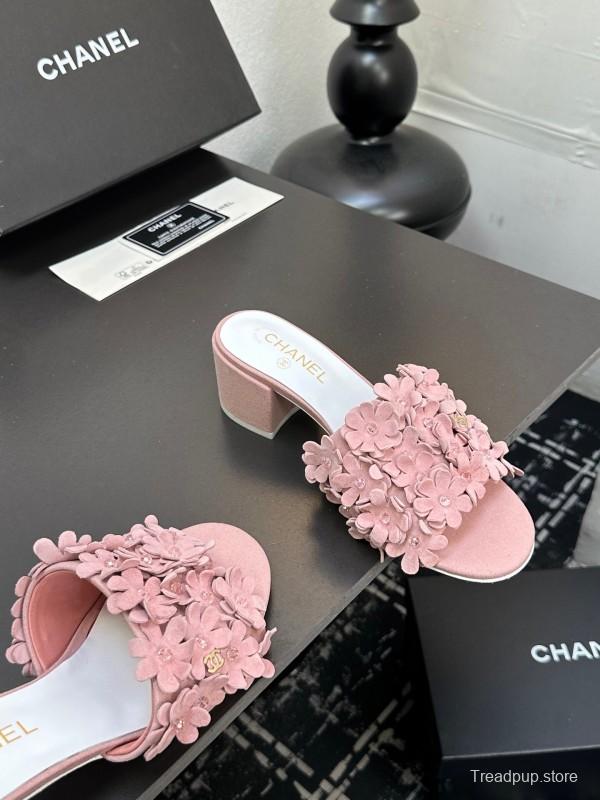 2025/Women Chanel Pink Suede Floral Embellished Block Heel Sandals LY00360(F)