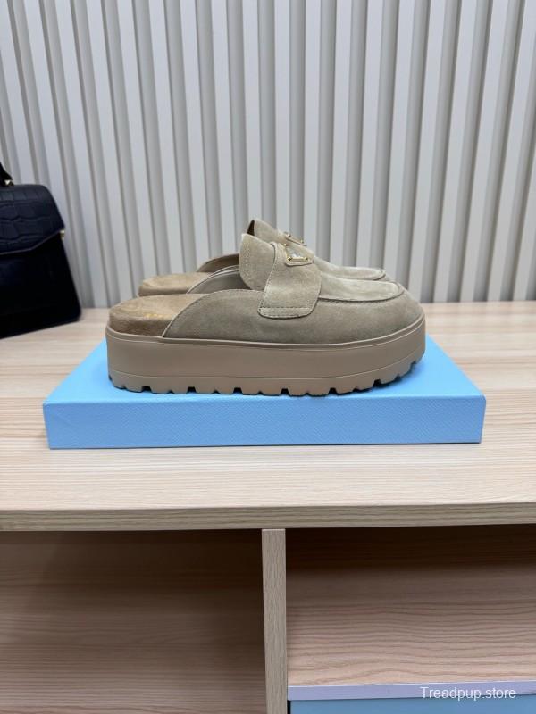 2025 Women Prada Khaki Suede Platform Loafers