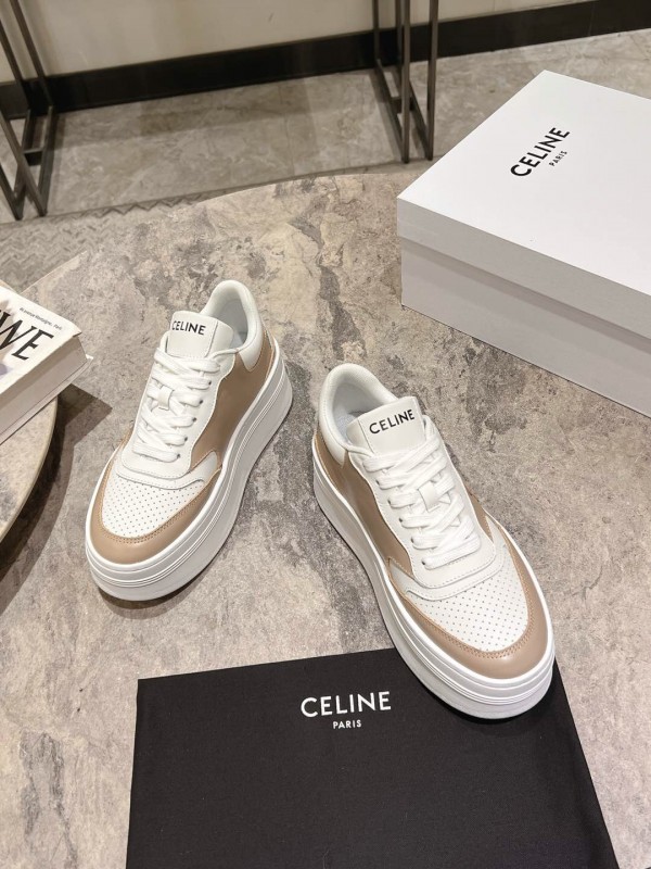 2025 Women Celine Beige White Leather Platform Sneakers