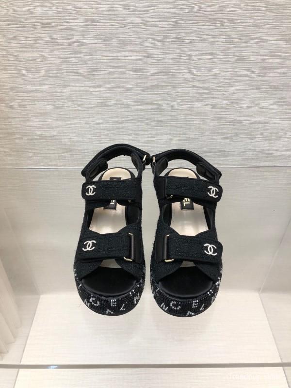 2025 Women Chanel Black Fabric Platform Sandals LY00330