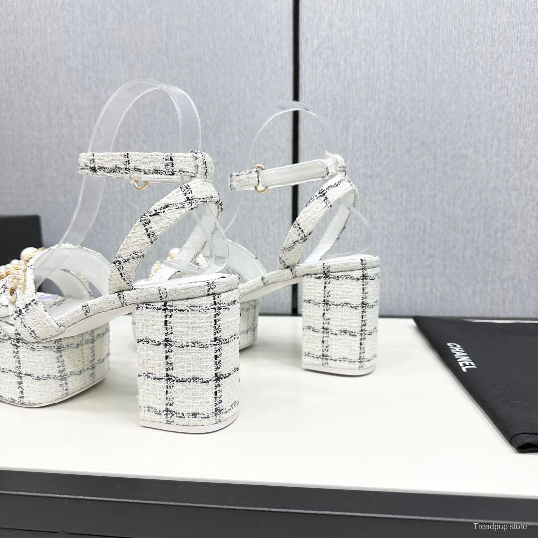 2025 Women Chanel White Black Fabric Platform Sandals Pearl Embellishment