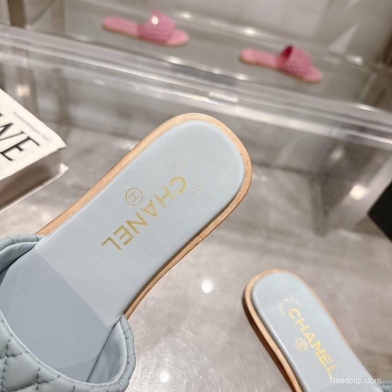 2025 Women Chanel Light Blue Lambskin Slippers