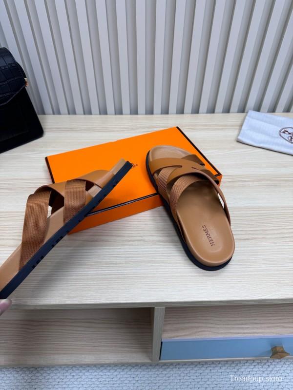 2025 Men Hermès Brown Leather Slippers
