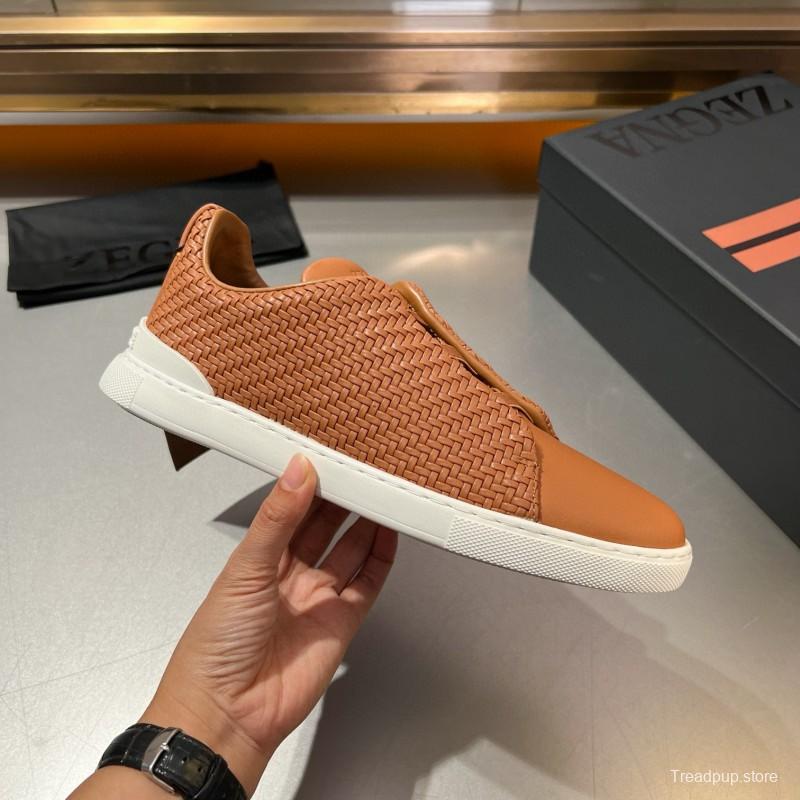 2024 Men Ermenegildo Zegna Brown Leather Woven Sneakers