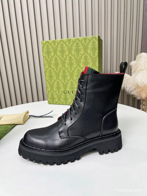 2024 Women Gucci Black Leather Lace-Up Combat Boots Red Green Web MJ00340