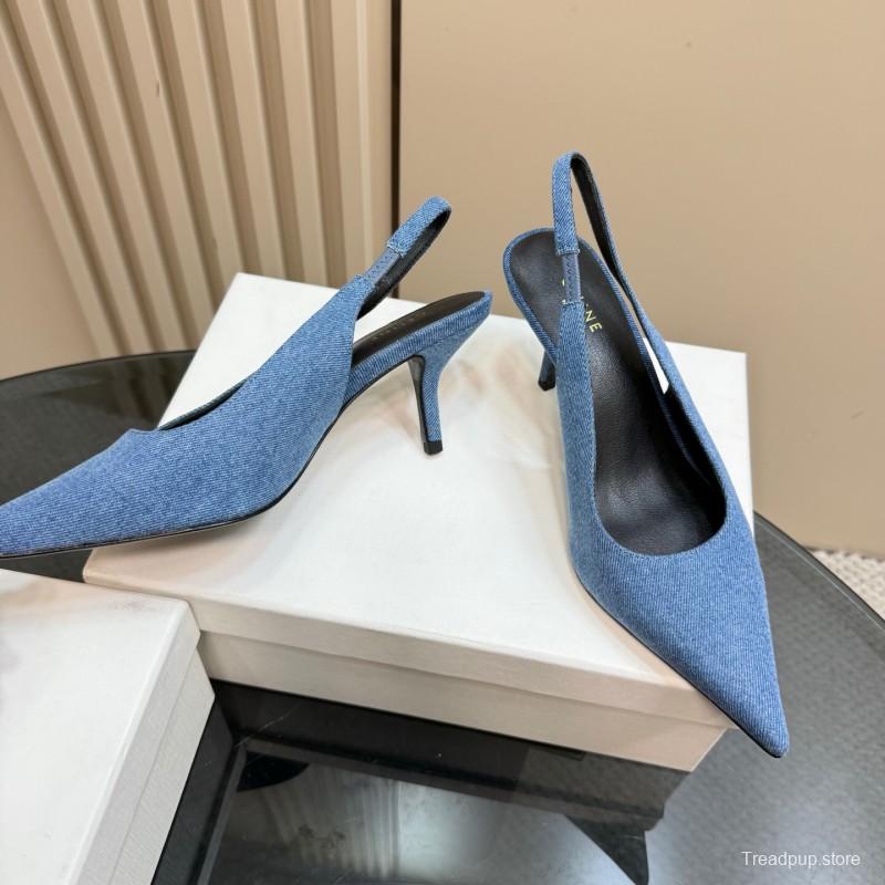 2025 Women CELINE Blue Denim Slingback Heels