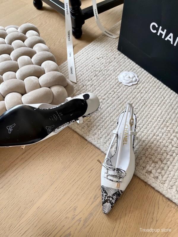 2025 Women Chanel White Black Python Leather Slingback Heels
