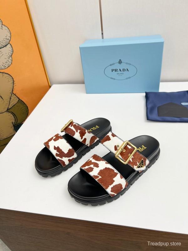 2025 Slippers Prada Brown White Leather Cow Print LY00260