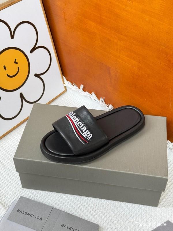 2025 Slippers Balenciaga Black Leather Slippers KFY00230