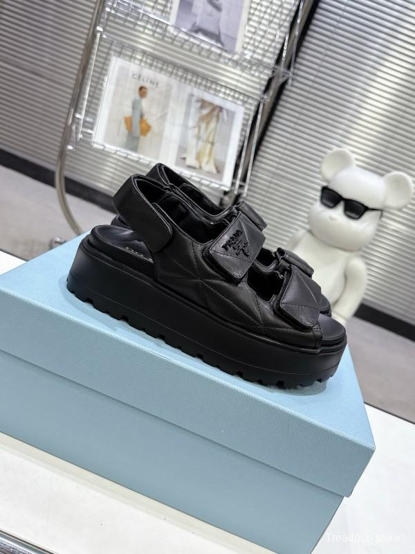 2025 Women Prada Black Leather Sandals