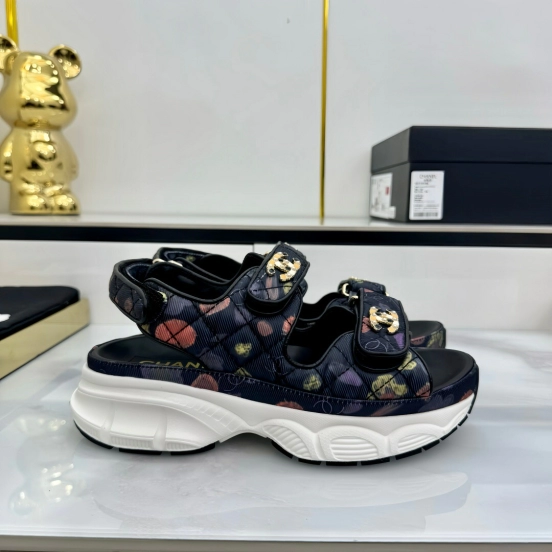 2025 Women Chanel Black Multicolor Fabric Leather Sandals LY00330