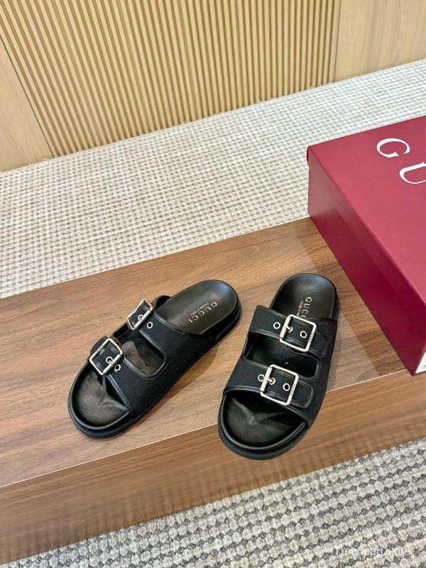2025 Women Gucci Black Leather Slippers LY00240