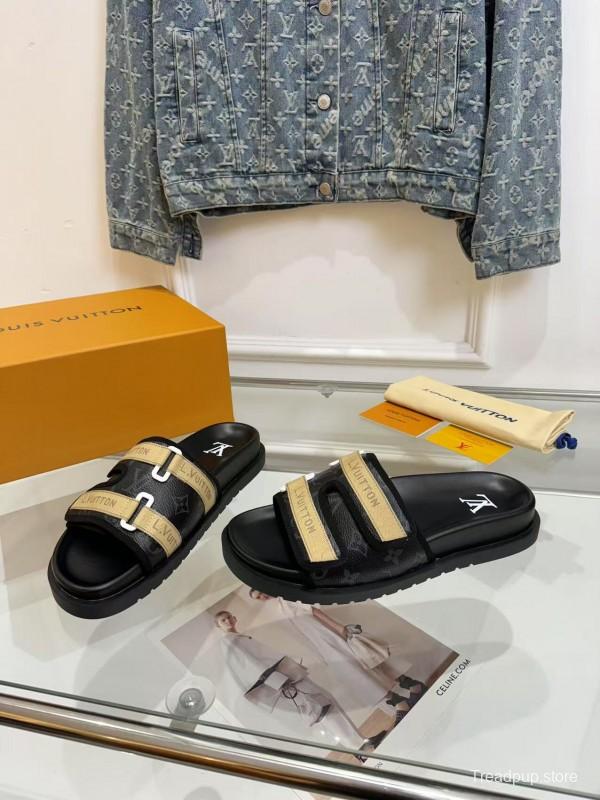 2025 Slippers Louis Vuitton Black Beige Leather Mesh Slippers LY
