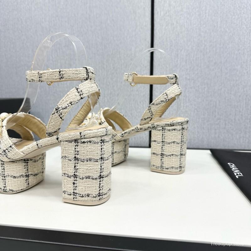 2025 Women Chanel Beige Black Tweed Leather Platform Sandals MJ00310