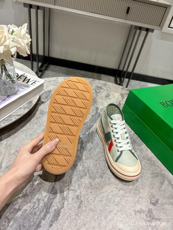 2025 Women Bottega Veneta Green White Red Canvas Leather High Top Sneakers