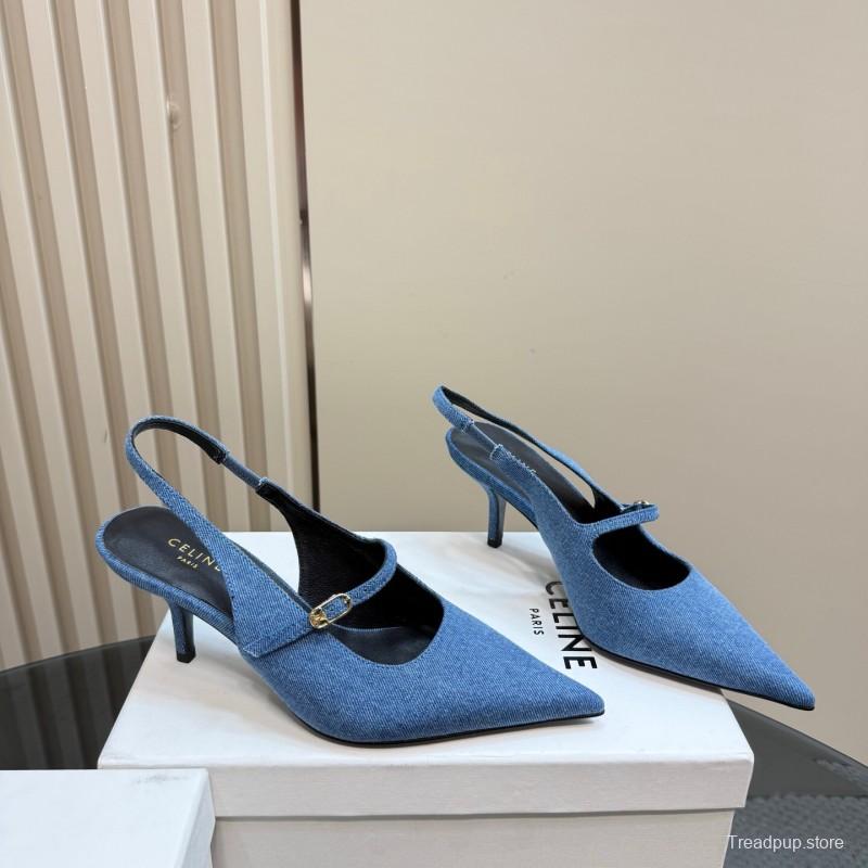 2025 Women CELINE Blue Denim Suede Slingback Pumps KFY00290
