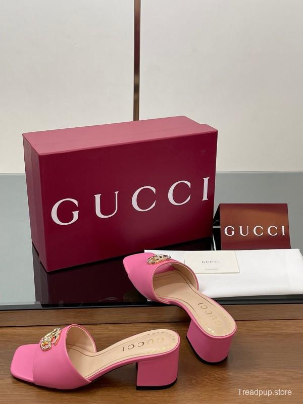 2025 Women Gucci Pink Lambskin Mid Heel Crystal GG Buckle Slide LY00280