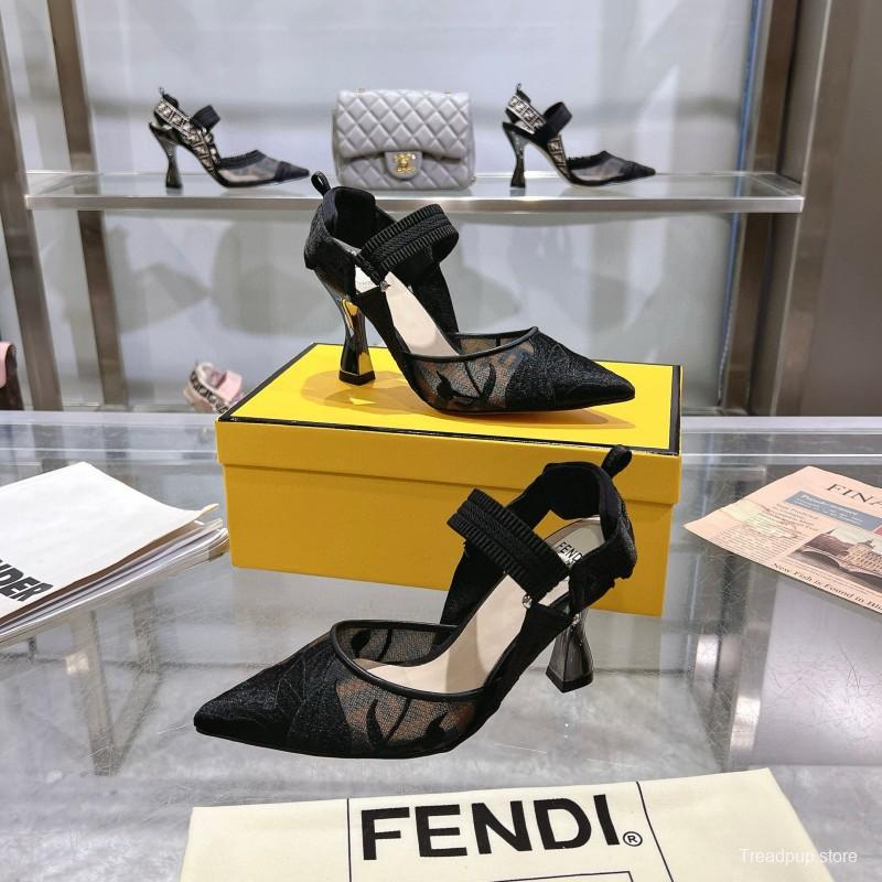 2025 Women Fendi Black Mesh Leather Heels MJ00280