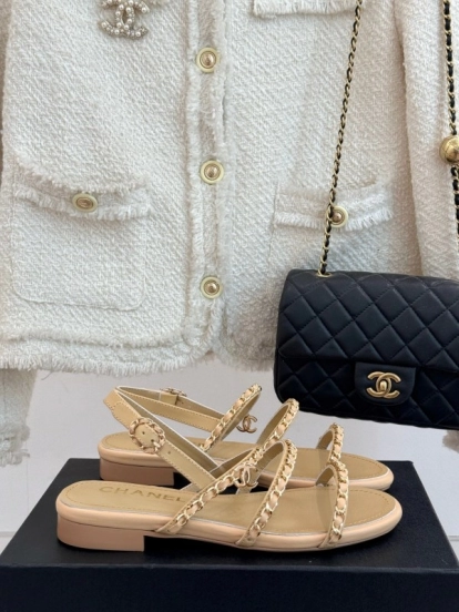 2025 Women Chanel Beige Leather Sandals KFY00270
