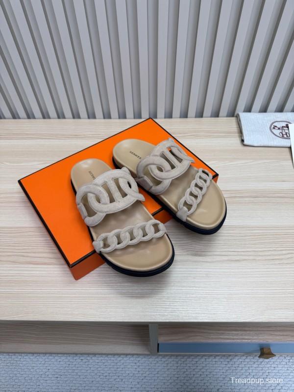 2025 Women Hermès Beige Suede Slippers