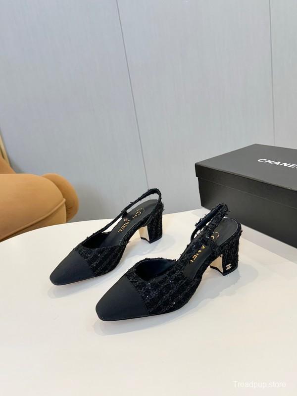 2025 Women Chanel Black Fabric Leather Slingback Heels LY00240