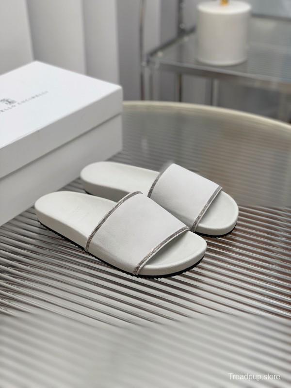 2025 Unisex Brunello Cucinelli White Imported Suede Flat Slide Sandals Handmade Beaded Chain Inlay KFY00240