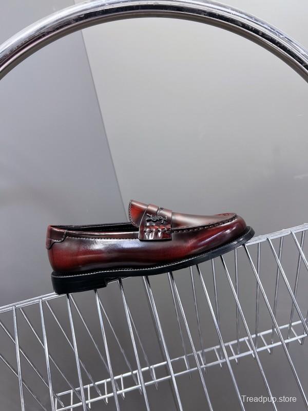 2025 Women Yves Saint Laurent Burgundy Calf Leather Loafers KFY00350